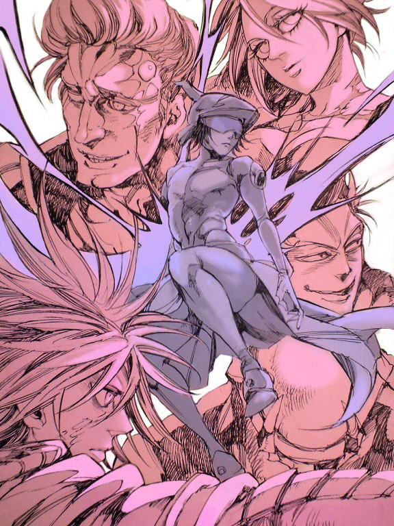 ash_(psyren), bari, bodysuit, delboro, junas, mankintan, monochrome, multiple_boys, nekka_(psyren), odo, psyren, scar