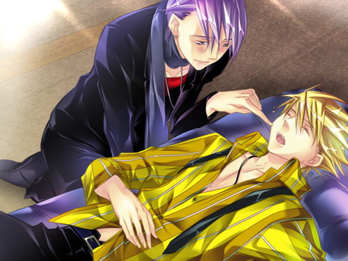 2boys, blonde_hair, gian_carlo, giulio_di_bondone, lowres, lucky_dog, mafia, male_focus