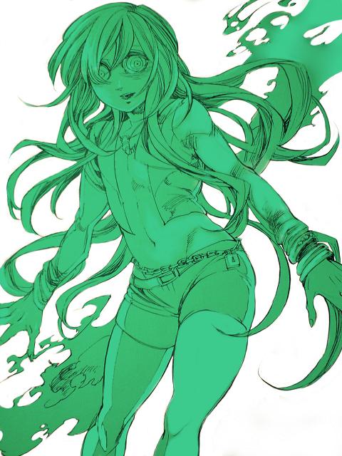 1girl, female_focus, fire, long_hair, mankintan, mithra_(psyren), monochrome, psyren