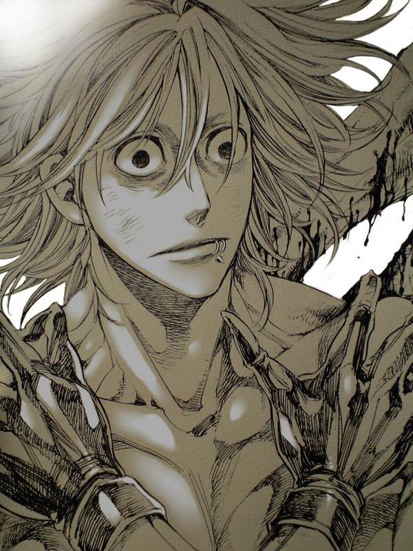 1boy, gloves, kise_eiji, male_focus, mankintan, monochrome, psyren, topless_male, solo, white_background