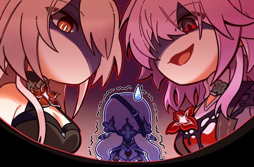 3girls, acheron_(honkai:_star_rail), black_swan_(honkai:_star_rail), breasts, buckle, chibi, choker, collar, crop_top, dress, evernight_(honkai:_star_rail), flower, from_behind, gloves, hair_over_one_eye, highres, honkai:_star_rail, honkai_(series), korean_commentary, loelyu126161, long_hair, looking_down, march_7th_(honkai:_star_rail), multiple_girls, pink_hair, purple_dress, purple_hair, red_eyes, red_flower, slit_pupils, smile, sweatdrop, veil, white_hair