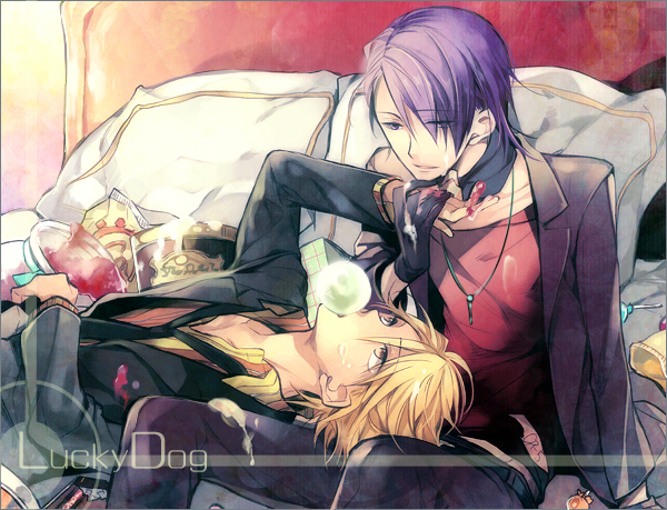 2boys, blonde_hair, chewing_gum, gian_carlo, giulio_di_bondone, lucky_dog, male_focus, multiple_boys, purple_hair, yaoi