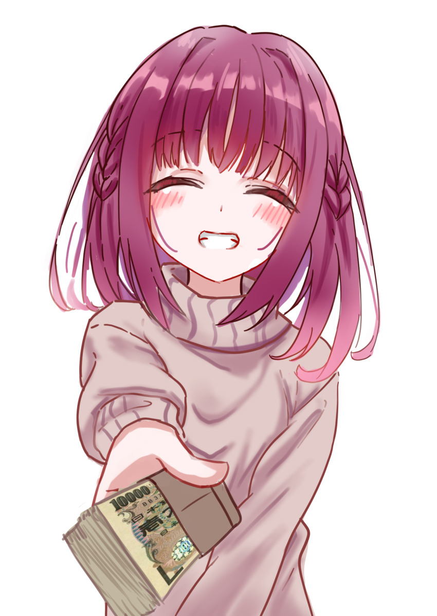 1girl, :d, ^_^, banknote, blush, braid, brown_sweater, charcoa72170283