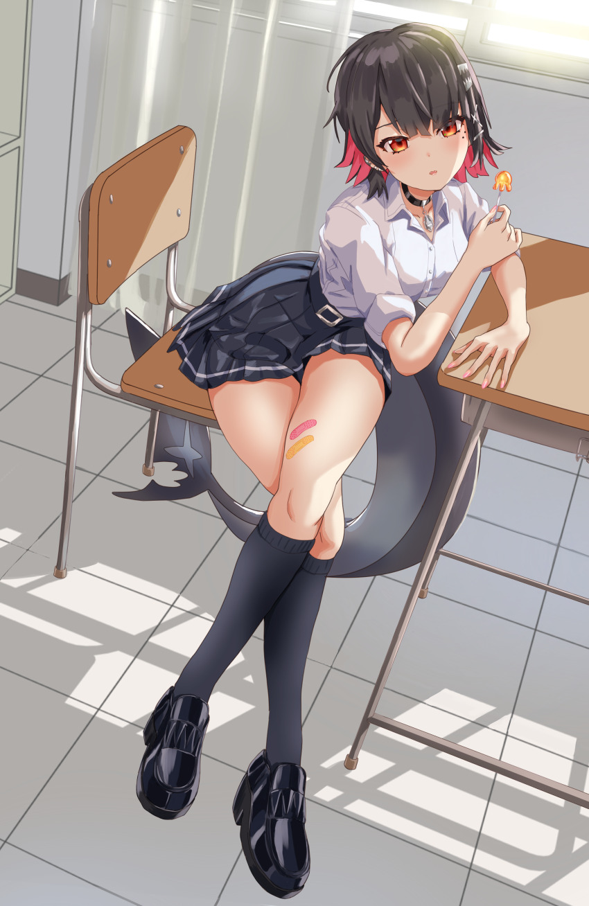 1girl, absurdres, bandaid, bandaid_on_leg, belt, black_belt, black_choker, black_hair, black_shoes, black_skirt, blush, candy, chair, choker, collared_shirt, colored_inner_hair, commission, desk, ellen_joe, ellen_joe_(on_campus), fins, fish_tail, food, hair_between_eyes, hair_ornament, highres, holding, holding_candy, holding_food, holding_lollipop, lingmu, lollipop, long_sleeves, looking_at_viewer, mole, mole_under_eye, multicolored_hair, official_alternate_costume, on_chair, orange_eyes, parted_lips, pink_hair, pink_nails, pleated_skirt, school_desk, school_uniform, shark_girl, shark_tail, shirt, shoes, short_hair, sitting, skeb_commission, skirt, solo, tail, thighs, white_shirt, zenless_zone_zero