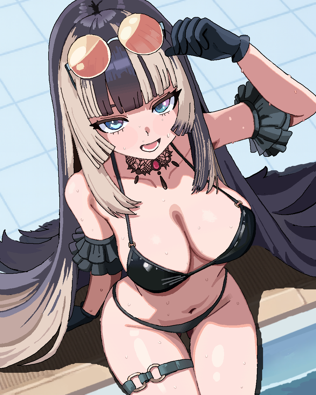 1girl, :d, bikini, black_bikini, black_gloves, black_hair, blue_eyes, blunt_bangs