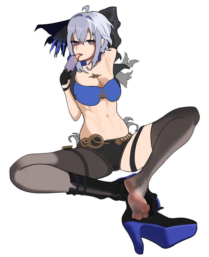 1girl, absurdres, arm_behind_head, arm_up, armpits, boots, feet, food