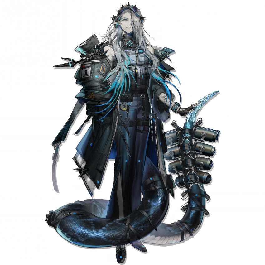 1girl, ammunition_pouch, arknights, banban_(vvvviiiiiia), black_coat, black_nails, black_shoes, blue_hair, blue_theme, closed_mouth, coat, fingerless_gloves, full_body, gloves, grey_hair, hair_over_one_eye, hand_on_own_tail, highres, infection_monitor_(arknights), legs_together, load_bearing_vest, long_hair, mantra_(arknights), official_art, old, old_woman, one_eye_covered, pants, pointy_ears, pouch, rattlesnake, rhodes_island_logo_(arknights), rhodes_island_uniform, shirt, shoes, side_slit, side_slit_pants, simple_background, sleeveless, sleeveless_shirt, sleeveless_turtleneck, snake_girl, snake_tail, solo, standing, tachi-e, tactical_clothes, tail, third-party_source, transparent_background, turtleneck, turtleneck_shirt, very_long_hair, very_long_tail, walkie-talkie