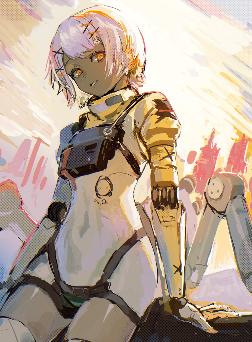 1girl, arm_support, backlighting, covered_navel, cowboy_shot, dark-skinned_female, dark_skin, exoskeleton, freckles, from_below, hair_ornament, highres, joints, leaning, light_smile, looking_at_viewer, mechanical_arms, orange_eyes, parted_lips, puffy_short_sleeves, puffy_sleeves, punishing:_gray_raven, robot_joints, shiny_skin, short_hair, short_sleeves, solo, sophia:_silverfang_(pgr), sophia_(pgr), turtleneck, unitard, white_hair, white_unitard, x_hair_ornament, yoshioka_(rockwell_sv)