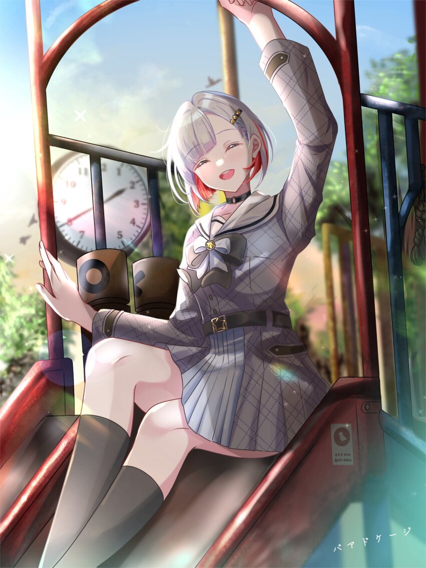 1girl, analog_clock, birdcage_(love_live!), black_bow, black_bowtie, black_choker, black_socks, blue_sky