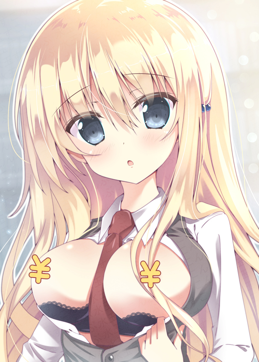 1girl, :o, absurdres, between_breasts, black_bra, blonde_hair, blush, bra