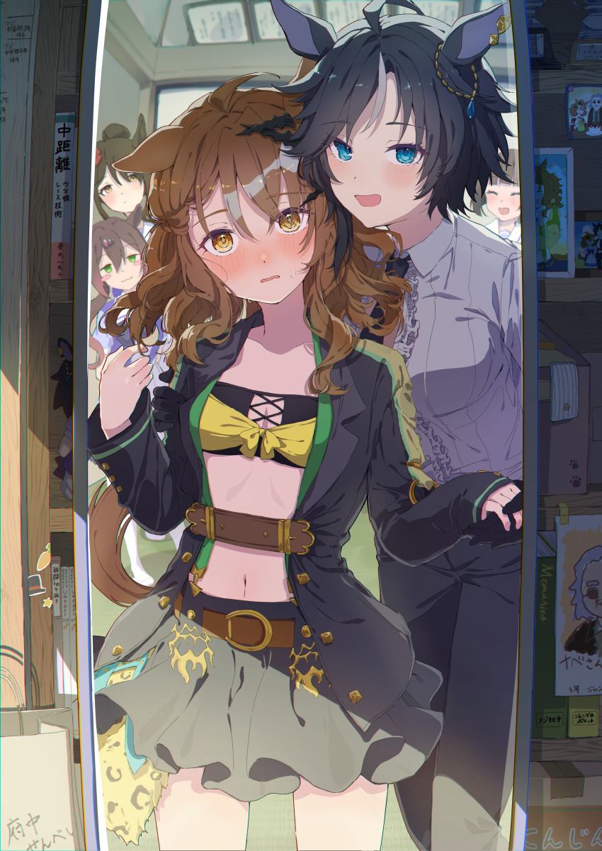 5girls, :d, ^_^, absurdres, ahoge, animal_ears, belt, black_hair, black_jacket, black_necktie, black_pants, black_skirt, blue_eyes, blush, breasts, brown_belt, brown_hair, center_frills, cleavage, closed_eyes, commentary, ear_ornament, frills, fuji_kiseki_(shooting_star_revue)_(umamusume), fuji_kiseki_(umamusume), full-length_mirror, hair_ornament, hairclip, highres, horse_ears, horse_girl, indoors, jacket, jungle_pocket_(champion's_battle_cry)_(umamusume), jungle_pocket_(umamusume), komeko97, long_hair, long_sleeves, mai_(umamusume), medium_breasts, mirror, multicolored_hair, multiple_girls, navel, necktie, open_mouth, pants, photo_(object), puffy_short_sleeves, puffy_sleeves, purple_shirt, ru_(umamusume), school_uniform, shima_(umamusume), shirt, short_sleeves, skirt, small_breasts, smile, strapless, streaked_hair, summer_uniform, untranslatable_commentary, trainer_tanabe, tracen_school_uniform, trainer_(umamusume), trophy, tube_top, umamusume, umamusume:_beginning_of_a_new_era, white_hair, white_shirt, yellow_eyes