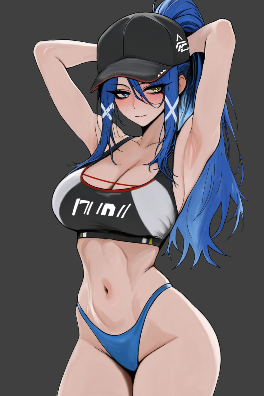 1girl, absurdres, armpit_focus, armpits, arms_behind_head, baseball_cap, bikini, black_hat, blue_bikini, blue_eyes, blue_hair, blush, bra, breasts, cleavage, commentary, cowboy_shot, english_commentary, epic_seven, eyes_visible_through_hair, grey_background, hair_ornament, hair_over_breasts, hat, heterochromia, high_ponytail, highleg, highleg_bikini, highres, huge_breasts, light_smile, long_hair, navel, peira_(epic_seven), ponytail, presenting_armpit, rhilarion, simple_background, solo, sports_bra, standing, striped_bra, striped_clothes, swimsuit, clothes_writing, underwear, x_hair_ornament, yellow_eyes