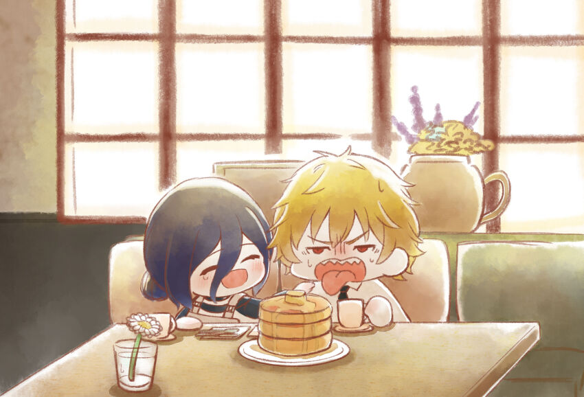 1boy, 1girl, ^_^, bitter, black_hair, blonde_hair, blush, chainsaw_man