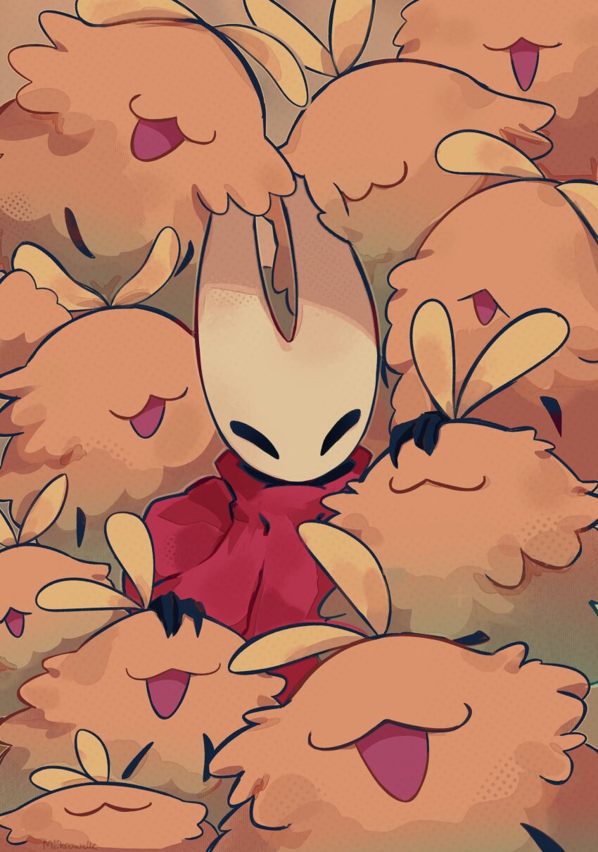 1girl, :3, :d, absurdres, cloak, commentary, english_commentary, flea_(hollow_knight), headpat, highres, hollow_knight, hollow_knight:_silksong, hornet_(hollow_knight), mask, miikrowelle, open_mouth, red_cloak, smile
