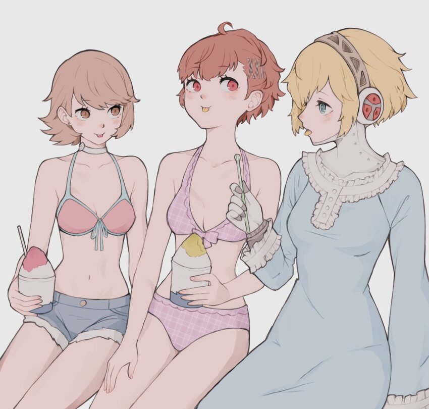 3girls, :p, ahoge, aigis_(persona), android, bikini, bikini_top_only, blonde_hair