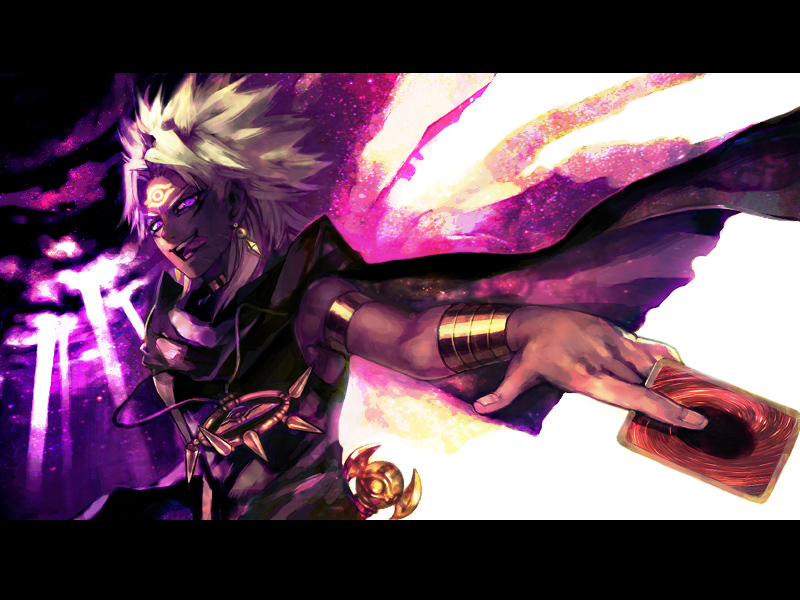 1boy, armband, blonde_hair, cape, card, dark-skinned_male, dark_skin, earrings, glowing, glowing_eyes, hiroko_(keshika), holding, holding_card, jewelry, letterboxed, male_focus, marik_ishtar, necklace, purple_eyes, solo, spiked_hair, tongue, tongue_out, yami_marik, yu-gi-oh!, yu-gi-oh!_duel_monsters