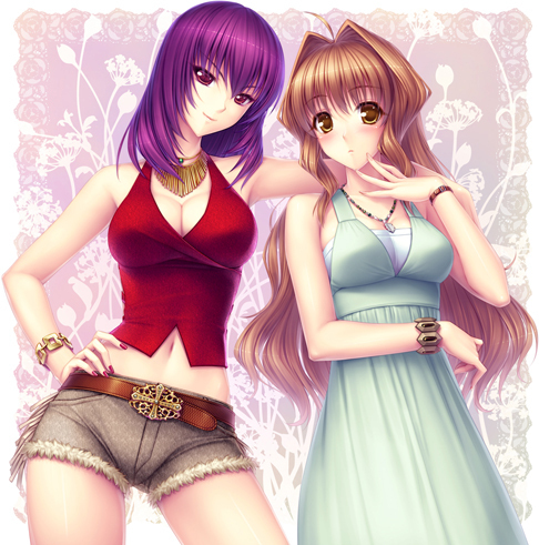 2girls, ahoge, belt_buckle, blush, bracelet, breasts, brown_eyes, brown_hair
