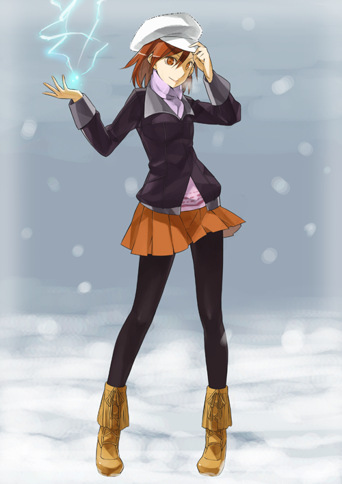 1girl, biribiri, boots, breath, brown_eyes, brown_hair, electricity, electrokinesis