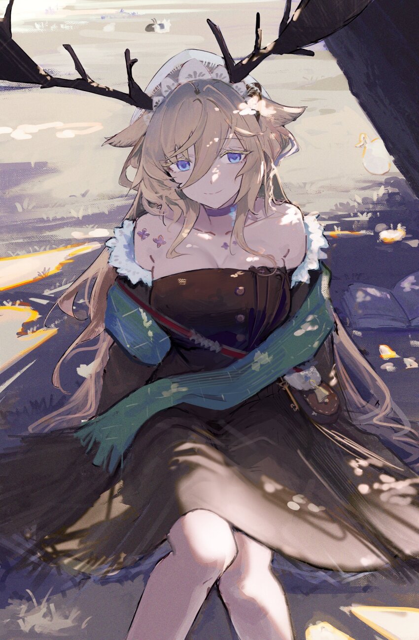 1girl, absurdres, animal_ears, antlers, aqua_scarf, arknights, arms_at_sides, bare_shoulders