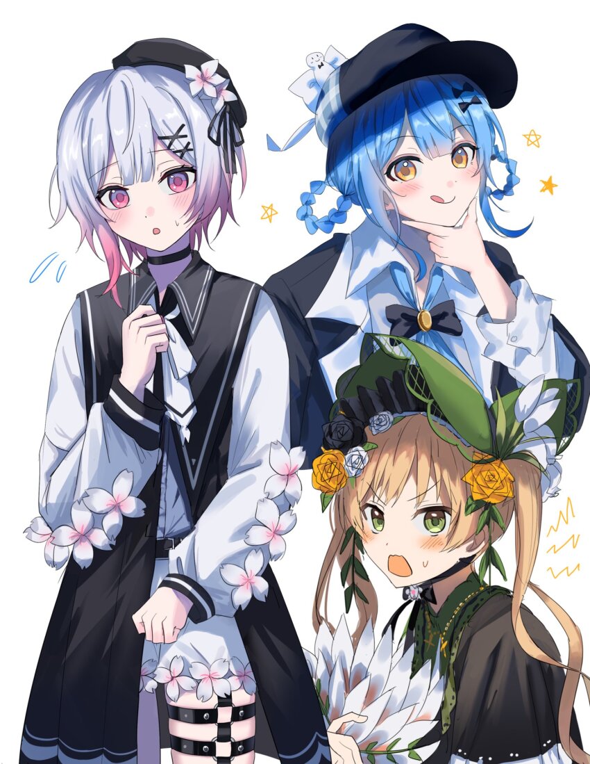 3girls, :q, beret, black_choker, black_hat, blonde_hair, blue_hair, bonnet, braid, braided_hair_rings, cherry_blossoms, choker, commentary_request, deerstalker, ekaze202, flower, flying_sweatdrops, gradient_hair, green_eyes, hair_flower, hair_ornament, hair_rings, hand_fan, hand_on_own_chin, hand_up, hat, highres, holding, holding_fan, lolita_fashion, long_hair, long_sleeves, looking_at_viewer, magical_girl, mahou_shoujo_no_majo_saiban, multicolored_hair, multiple_girls, neck_ribbon, open_mouth, pink_eyes, pink_hair, ribbon, rose, sakuraba_ema, short_hair, shorts, smile, star_(symbol), stroking_own_chin, tachibana_sherry, thigh_strap, tongue, tongue_out, tono_hanna, twintails, white_background, white_flower, white_hair, white_ribbon, white_shorts, x_hair_ornament, yellow_flower, yellow_rose
