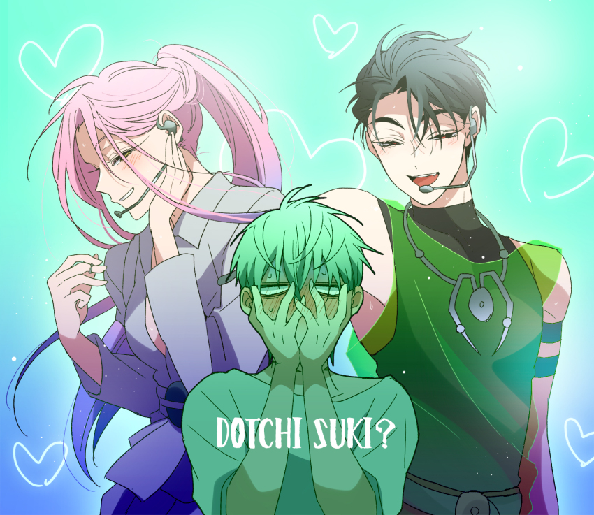 1girl, 2boys, alien_stage, armband, bisexual_male, black_eyes, black_hair, black_shirt, blue_hair, blush, commentary_request, cosplay, gradient_hair, green_tank_top, grey_hair, grey_jacket, hand_on_headset, hands_on_own_face, heart, highres, ivan_(alien_stage), jacket, jewelry, long_hair, luka_(alien_stage), luka_(alien_stage)_(cosplay), microphone, mizi_(alien_stage), multicolored_hair, multiple_boys, pink_hair, ponytail, ring, romaji_text, sazare_(sazozo0), see-through_tank_top, shirt, short_hair, sleeveless, sleeveless_shirt, sleeveless_turtleneck, sweat, tank_top, till_(alien_stage), till_(alien_stage)_(cosplay), turtleneck, turtleneck_shirt, two-tone_hair, very_long_hair, very_short_hair, white_shirt, yellow_eyes