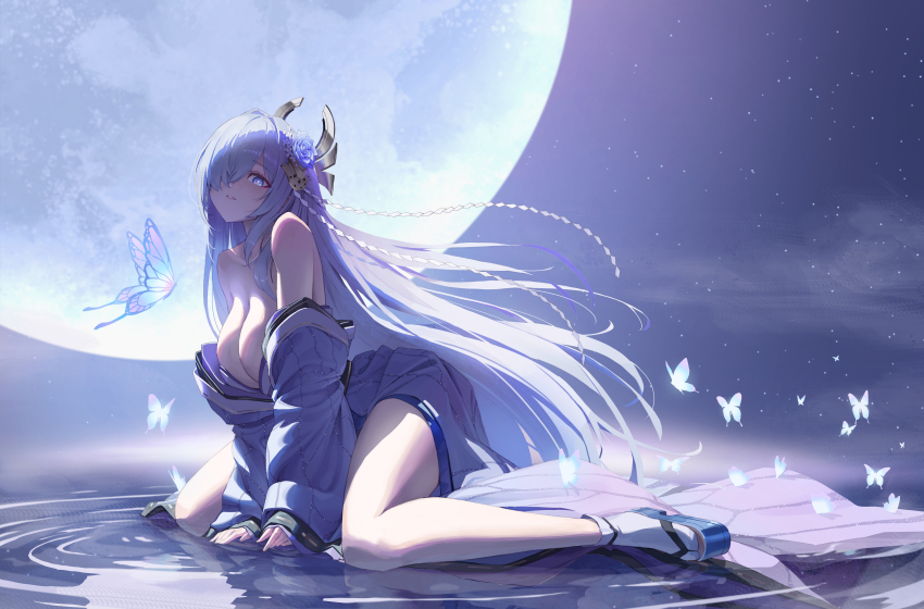 1girl, absurdres, azur_lane, bad_source, bare_shoulders, blue_eyes, blue_kimono, breasts