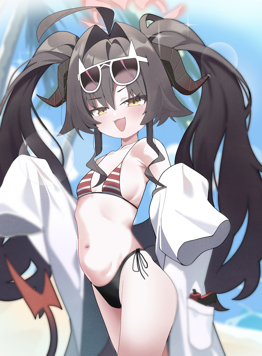 1girl, absurdres, ahoge, bikini, black_hair, blue_archive, breasts, cran_berrie