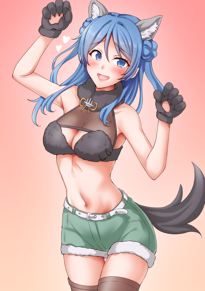 1girl, animal_collar, animal_ears, animal_hands, anti_(untea9), belt, black_bra, blue_eyes
