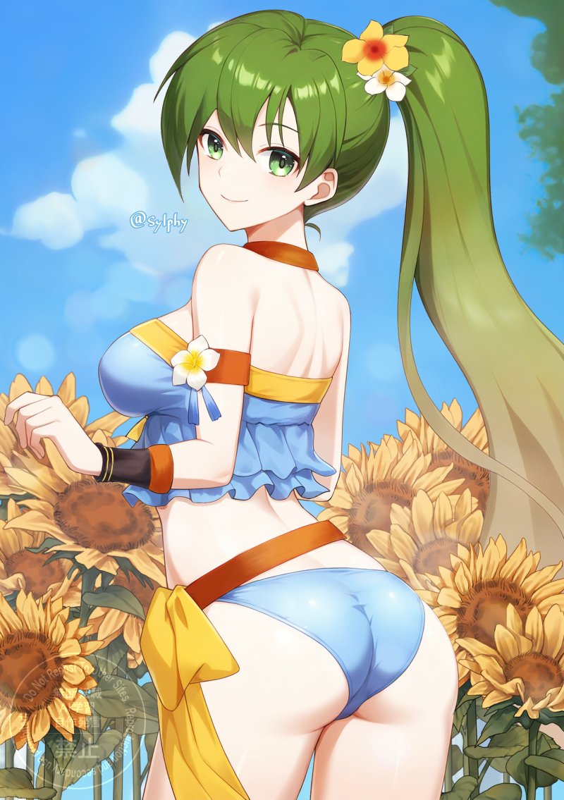 1girl, ass, back, bare_shoulders, bikini, blue_bikini, blue_sky, breasts, closed_mouth, cloud, cowboy_shot, field, fire_emblem, fire_emblem:_the_blazing_blade, fire_emblem_heroes, flower, flower_armlet, flower_field, green_eyes, green_hair, hair_flower, hair_ornament, large_breasts, long_hair, looking_at_viewer, looking_back, lyn_(fire_emblem), lyn_(lady_of_the_beach)_(fire_emblem), nintendo, official_alternate_costume, outdoors, ponytail, sky, smile, solo, sunflower, sunflower_field, swimsuit, sylphy_fe, very_long_hair