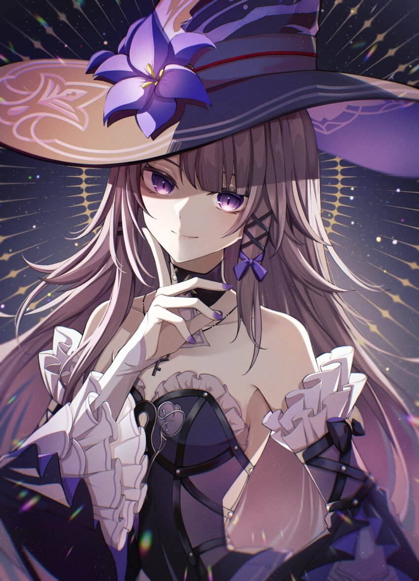 1girl, absurdres, ascot, bare_shoulders, black_dress, breasts, brown_hair, choker