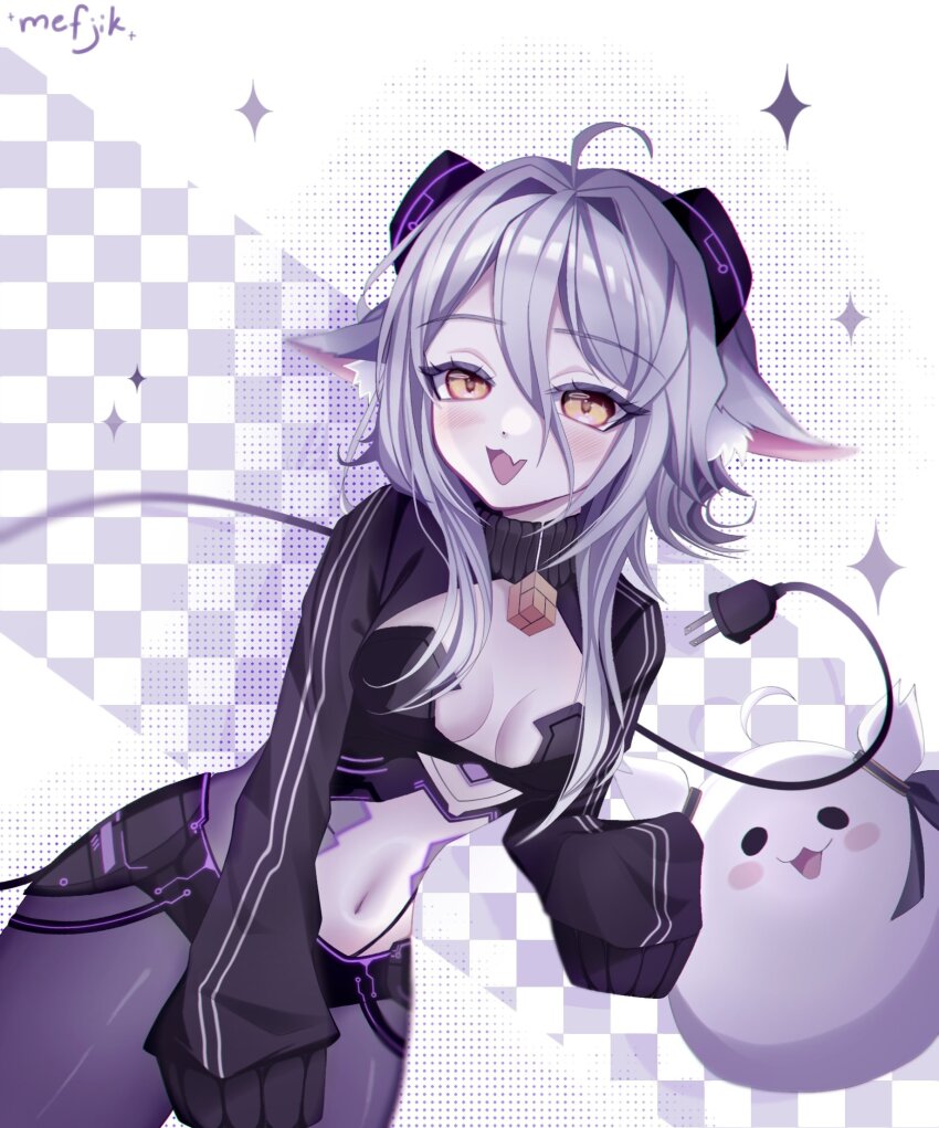 1girl, ahoge, animal_ear_fluff, animal_ears, artist_name, black_shorts, black_shrug, breasts