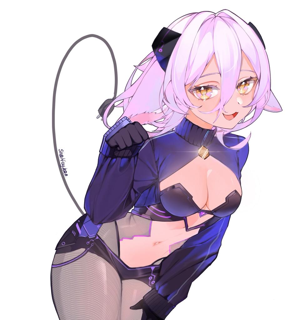 1girl, animal_ear_fluff, animal_ears, artist_name, black_gloves, black_shorts, blue_shrug, breasts, cleavage, commentary, cowboy_shot, electric_plug, electric_plug_tail, english_commentary, gloves, grey_pantyhose, hair_between_eyes, hand_on_own_thigh, henya_the_genius, henya_the_genius_(cyber_henya), indie_virtual_youtuber, leaning_forward, long_sleeves, looking_at_viewer, medium_breasts, medium_hair, navel, open_mouth, pantyhose, purple_hair, shalfeychan, short_shorts, shorts, shrug_(clothing), simple_background, solo, tail, turtleneck, virtual_youtuber, white_background, yellow_eyes