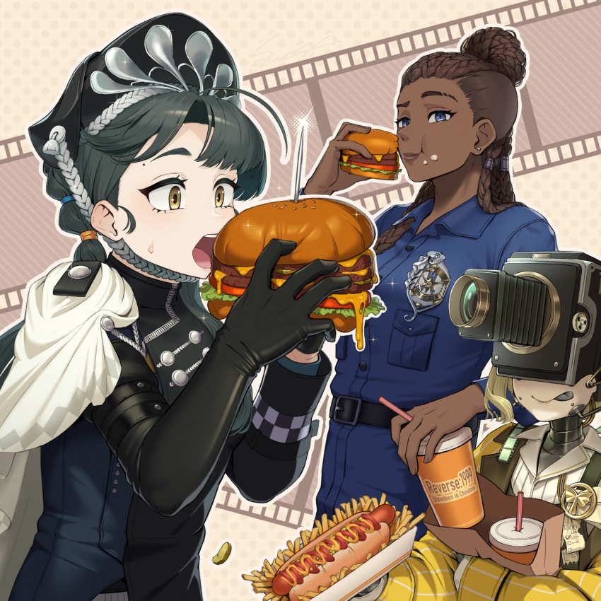 3girls, :t, asymmetrical_gloves, bag, beret, black_dress, black_gloves, black_hair, black_hat, blue_eyes, blue_shirt, brown_background, brown_hair, burger, cape, chinstrap, cornrows, cup, disposable_cup, dress, drinking_straw, eating, film_strip, food, food_on_face, gloves, grey_tongue, hair_bun, hand_up, hands_up, hat, highres, holding, holding_cup, holding_food, hot_dog, liang_yue_(reverse:1999), loggerhead_(reverse:1999), long_braid, low_twintails, movie_camera, multiple_girls, object_head, open_mouth, paper_bag, poitier_(reverse:1999), police, police_badge, police_uniform, policewoman, reverse:1999, sawasa, shirt, side_cape, sweat, tongue, tongue_out, twintails, uneven_gloves, upper_body, white_cape, white_shirt, yellow_eyes