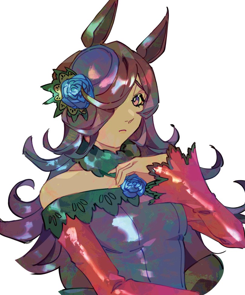 1girl, animal_ears, bare_shoulders, blue_dress, blue_flower, blue_hat, blue_rose, brown_hair