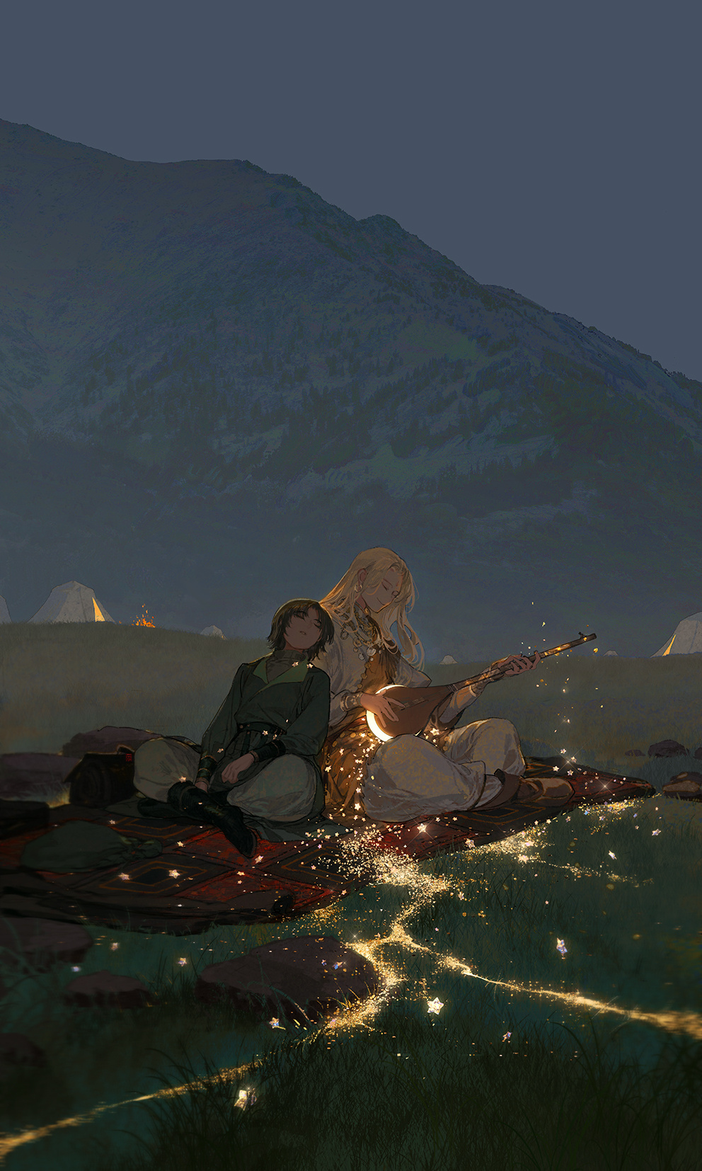 2boys, black_boots, blonde_hair, bonfire, boots, brown_hair, chinese_commentary, closed_eyes