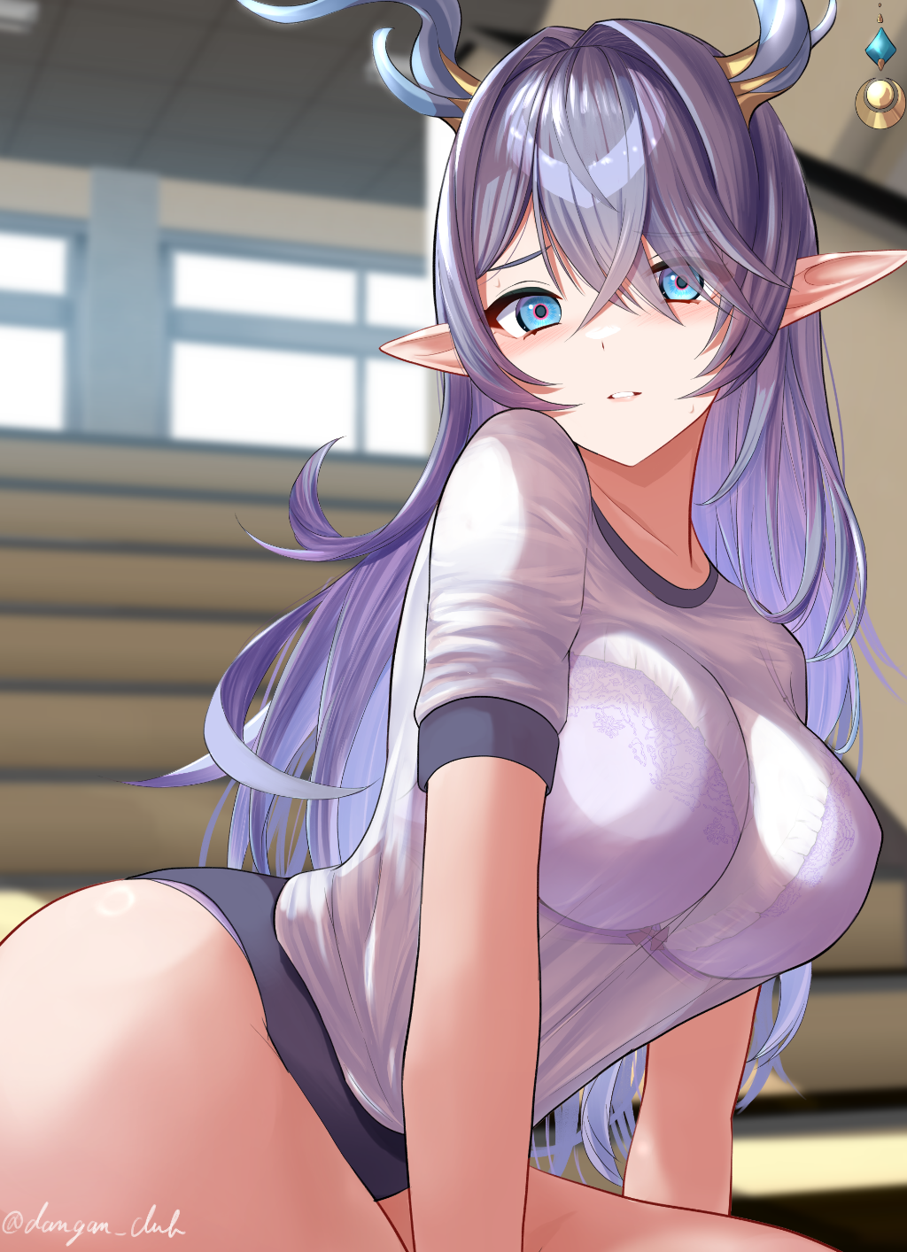 1girl, alternate_costume, antler_ornament, antlers, blue_eyes, bra, bra_visible_through_clothes, breasts, collarbone, commentary, dangan_kurabu, genshin_impact, hair_between_eyes, highres, horns, indoors, large_breasts, lauma_(genshin_impact), long_hair, looking_at_viewer, parted_lips, pointy_ears, purple_hair, see-through_clothes, see-through_shirt, shirt, solo, twitter_username, underwear, very_long_hair, white_bra, white_shirt