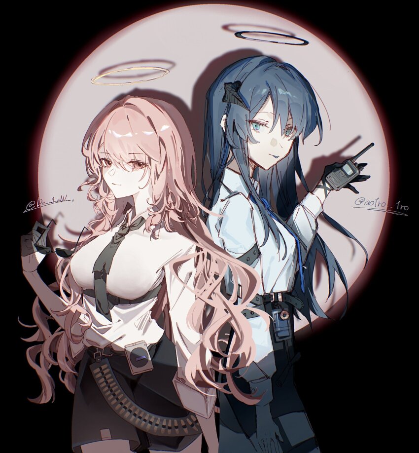 1girl, arknights, black_gloves, black_necktie, blue_hair, collared_shirt, cropped_legs, de_1aw