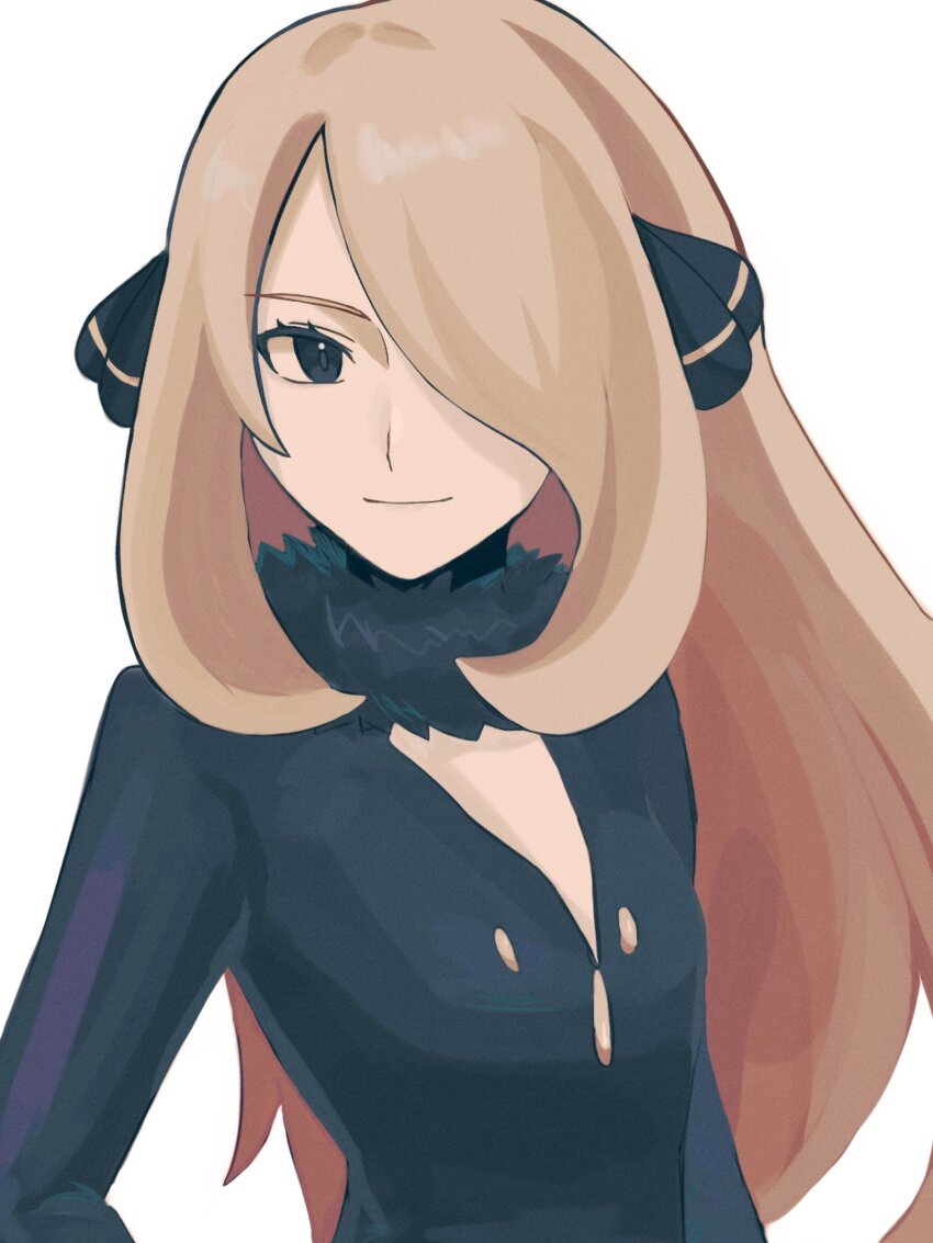 1girl, black_coat, blonde_hair, breasts, closed_mouth, coat, cynthia_(pokemon), fur_collar