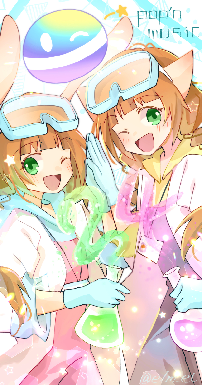2girls, ;d, animal_ears, bemani, blunt_bangs, blush, bottle, braid