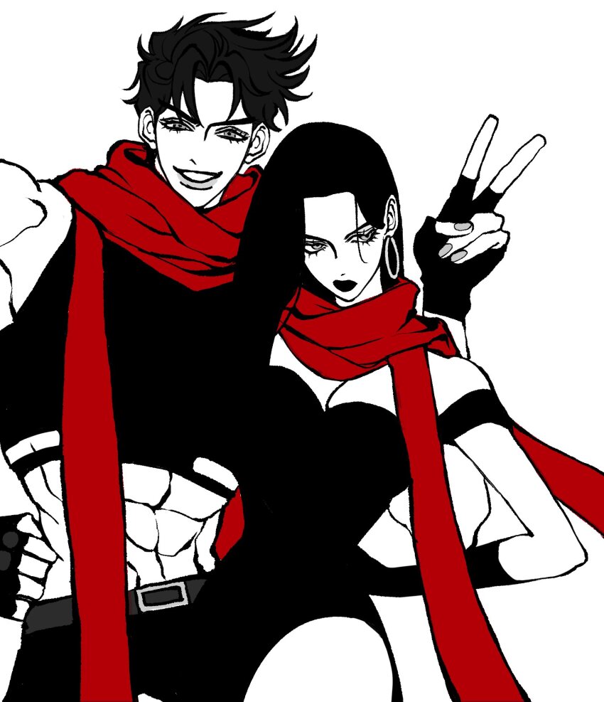 1boy, 1girl, abs, bare_shoulders, battle_tendency, belt, black_dress, black_hair