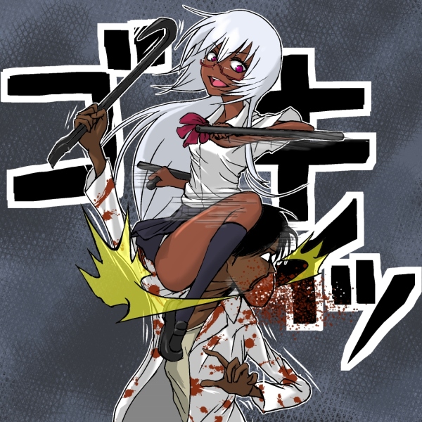 abyss_(psyren), aoi_yusaka, black_hair, blood, blue_hair, dark_skin, glasses, injury, long_hair, open_mouth, pink_eyes, psyren, school_uniform, skirt, yoriwo