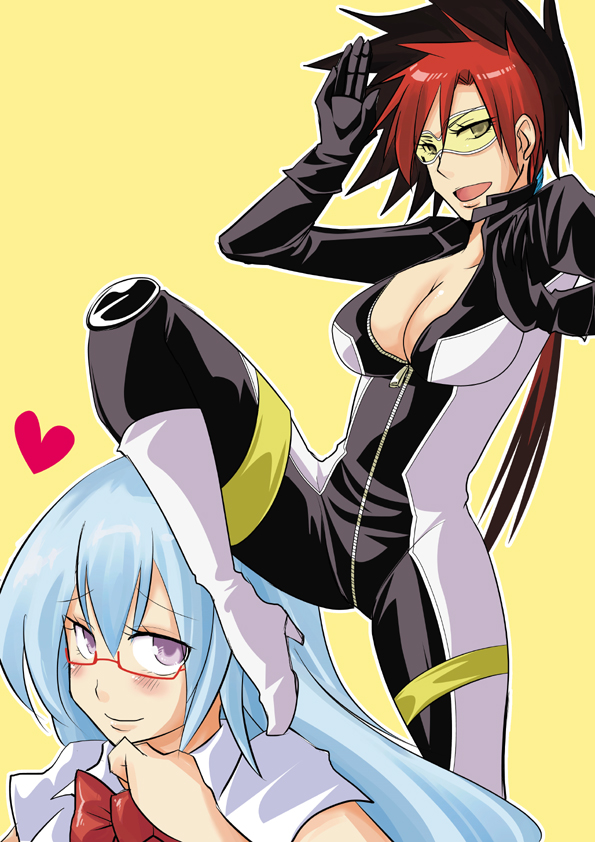 2girls, amamiya_sakurako, black_hair, blue_hair, blush, bodysuit, breasts, cleavage