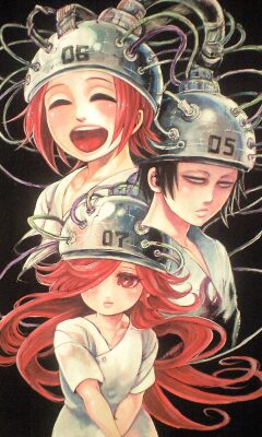 07_(psyren), amagi_miroku, black_hair, child, frown, junas, long_hair, lowres, mankintan, open_mouth, psyren, red_hair, short_hair, smile