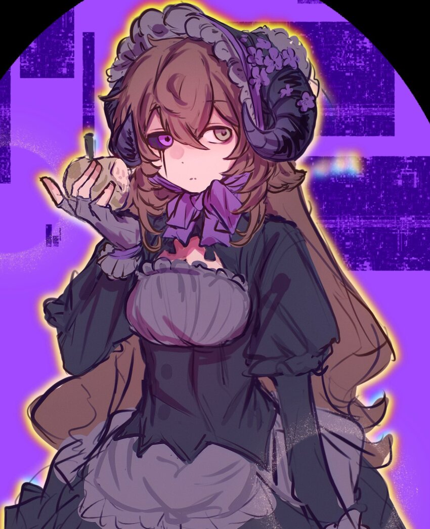 1girl, animal_ears, animification, apple, black_bonnet, black_dress, black_sclera, bonnet