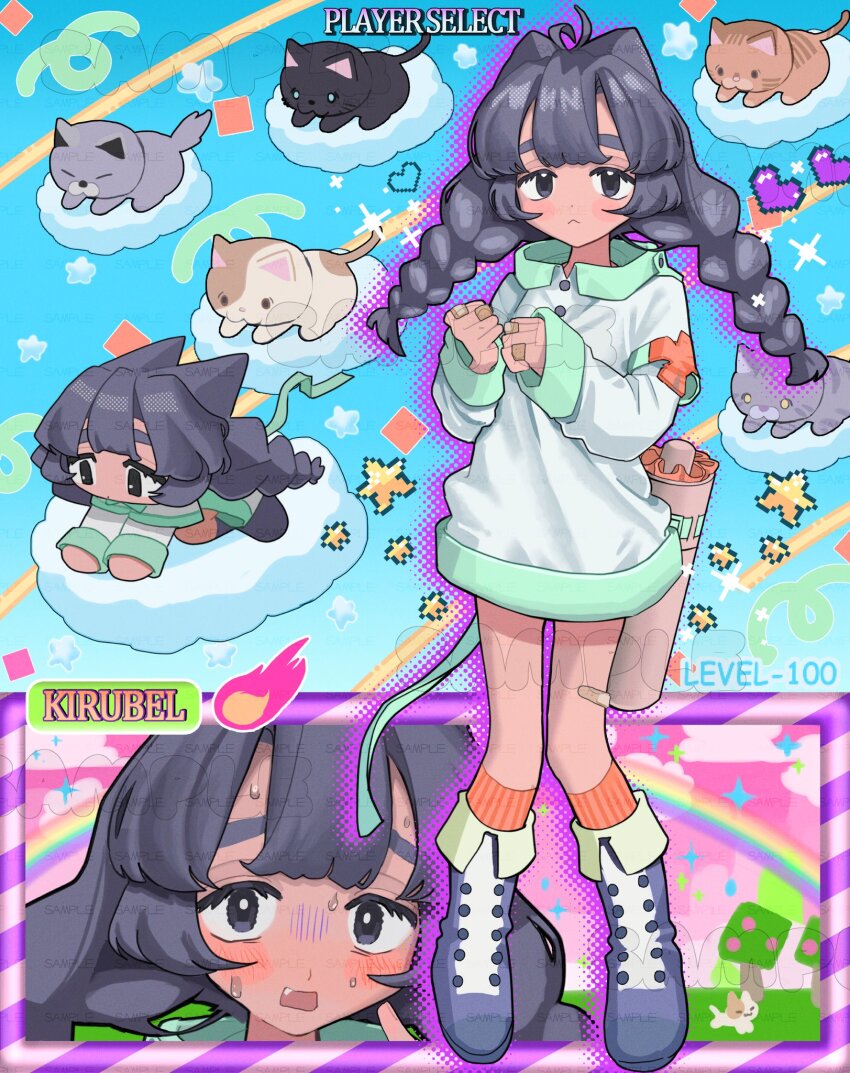 1girl, ahoge, animal_ears, bandaid, blunt_bangs, boots, braid, cat