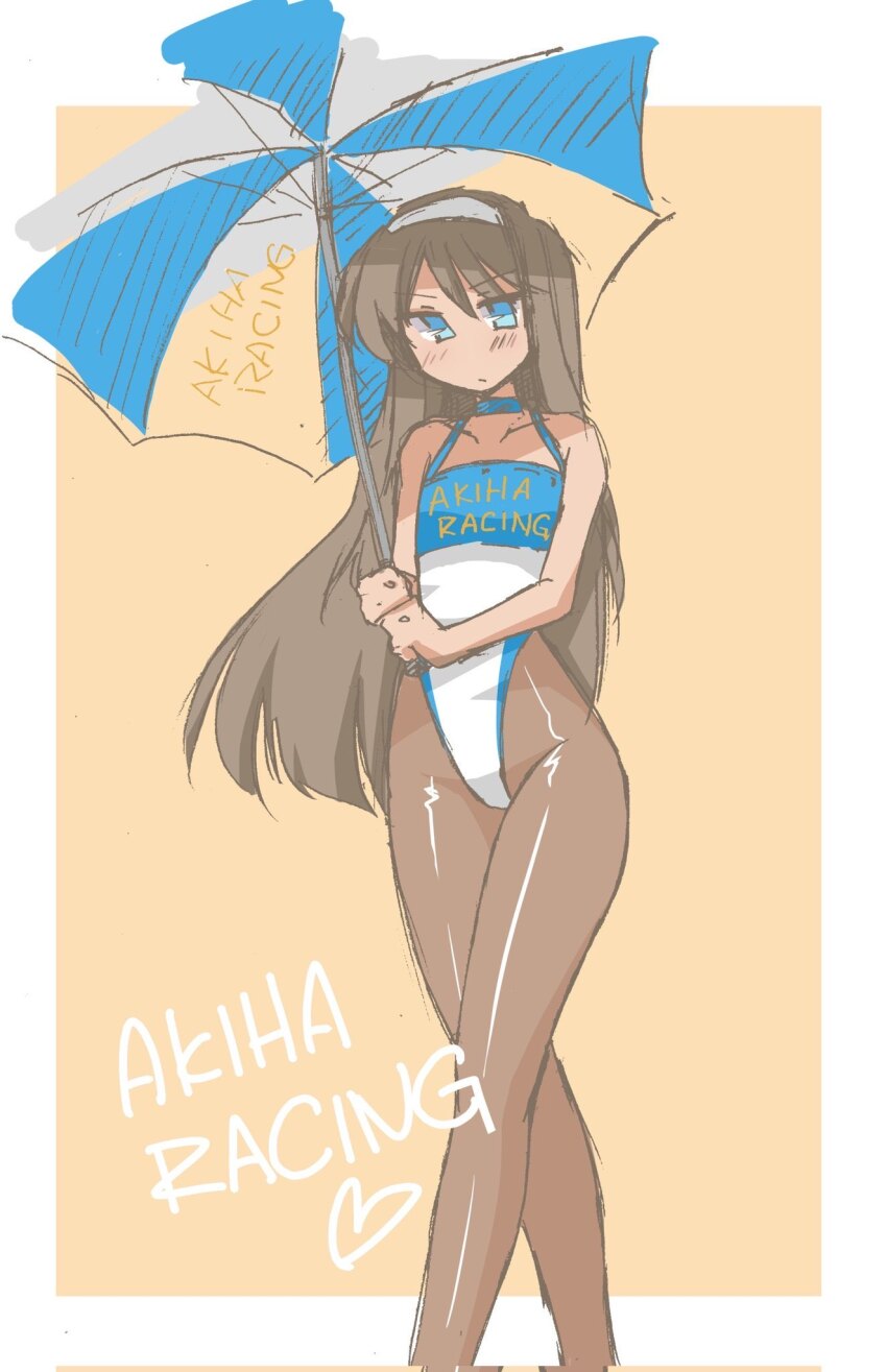 2025, black_hair, blue_eyes, blush, breasts, brown_pantyhose, clothes_writing, embarrassed, english_text, flat_chest, hairband, highleg, highleg_leotard, highres, holding, holding_umbrella, leotard, long_hair, looking_at_viewer, narrow_waist, pantyhose, pantyhose_under_swimsuit, r2, race_queen, skinny, small_breasts, swimsuit, thighs, tohno_akiha, tsukihime, umbrella, white_hairband