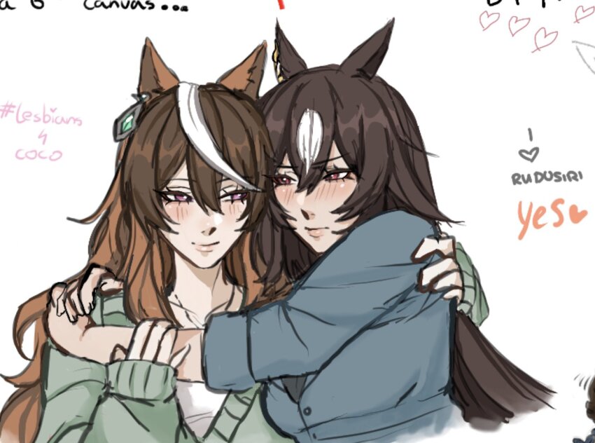 2girls, animal_ears, arms_around_neck, blue_shirt, blush, breasts, brown_hair, commentary