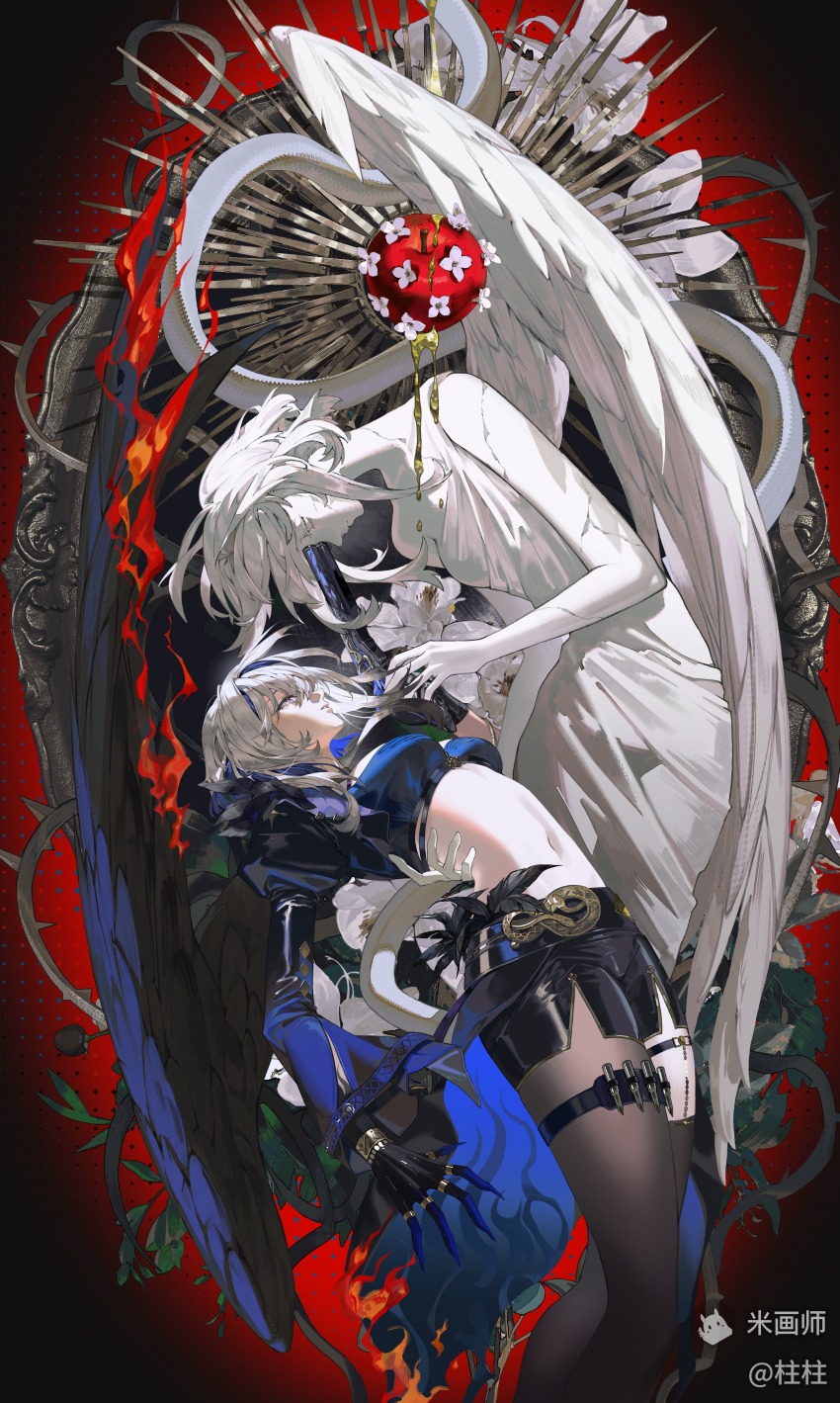 1girl, absurdres, aiming, black_pantyhose, black_shorts, black_thighhighs, blue_bra, blue_nails