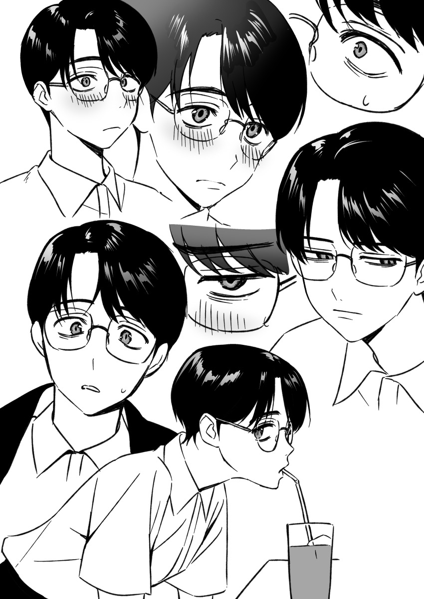 1boy, absurdres, blush, collared_shirt, commentary_request, dress_shirt, drink, drinking