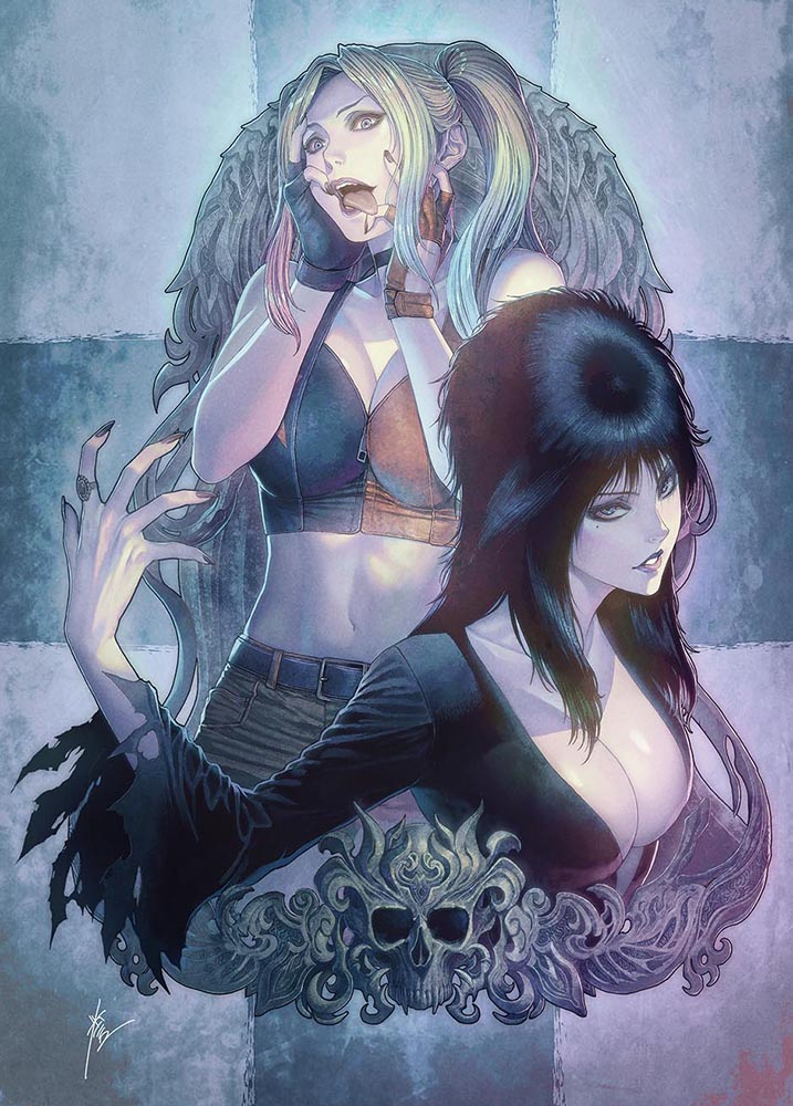 2girls, batman_(series), beehive_hairdo, big_hair, black_dress, black_hair, blonde_hair, blue_eyes